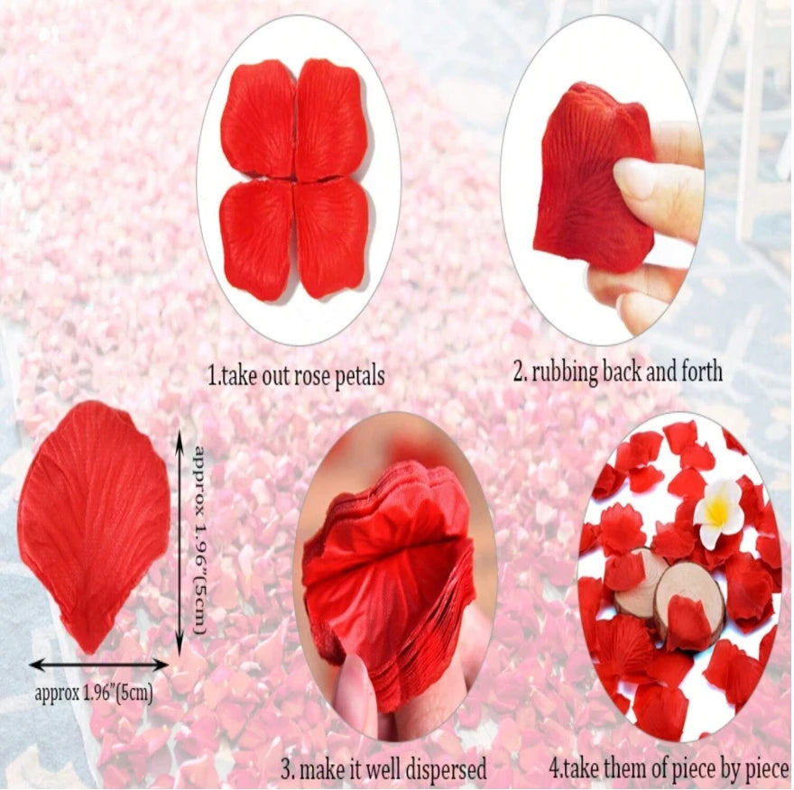 Instructions for using 1000 silk rose petals, including taking out, rubbing, dispersing, and picking them by piece.
