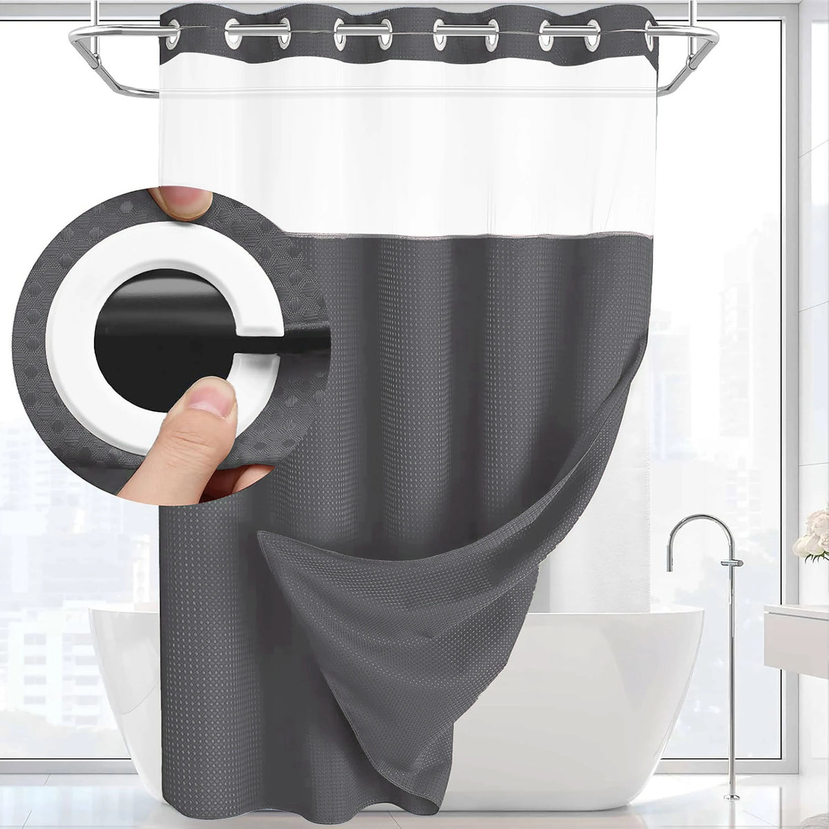 A gray dotted waffle weave shower curtain hanging on a rod in a bathroom setting.