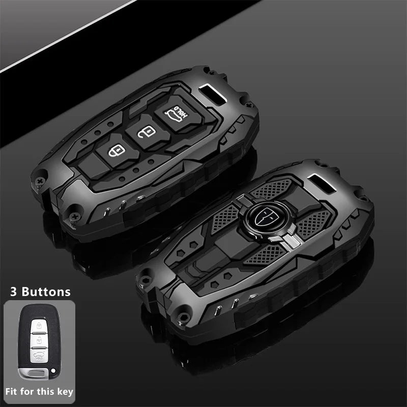 A black protective key fob cover with three buttons shown against a dark background.