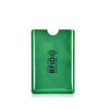 A green aluminum card holder with an RFID protection symbol on the surface.