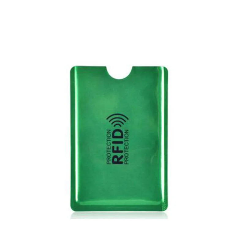 A green aluminum card holder with an RFID protection symbol on the surface.