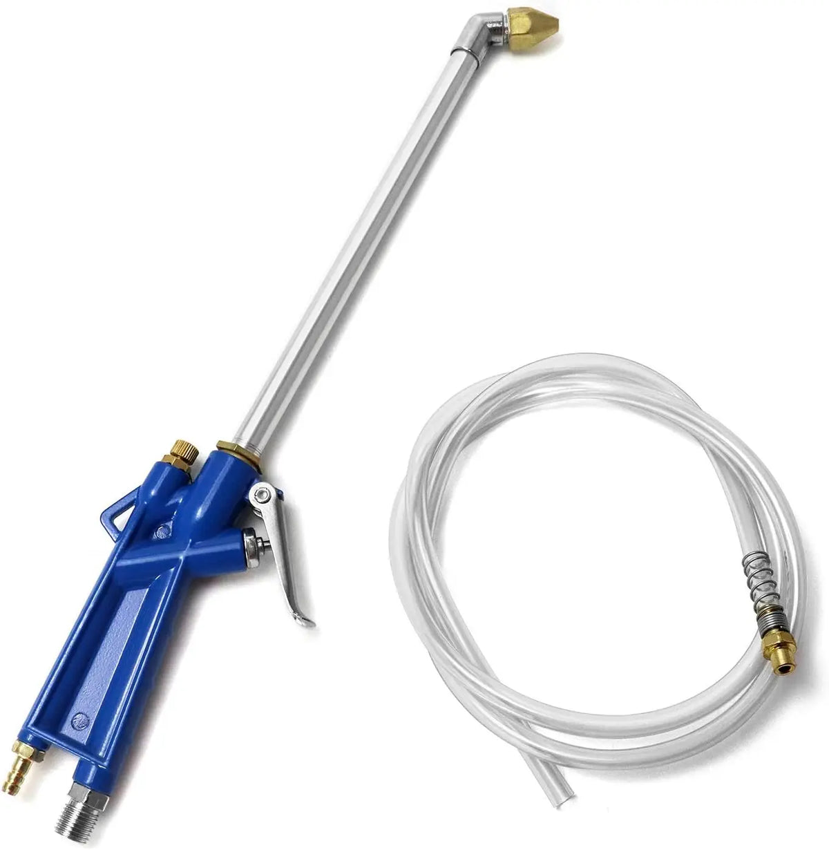 A blue pneumatic air blowing gun with a metal nozzle and a clear hose for engine cleaning.