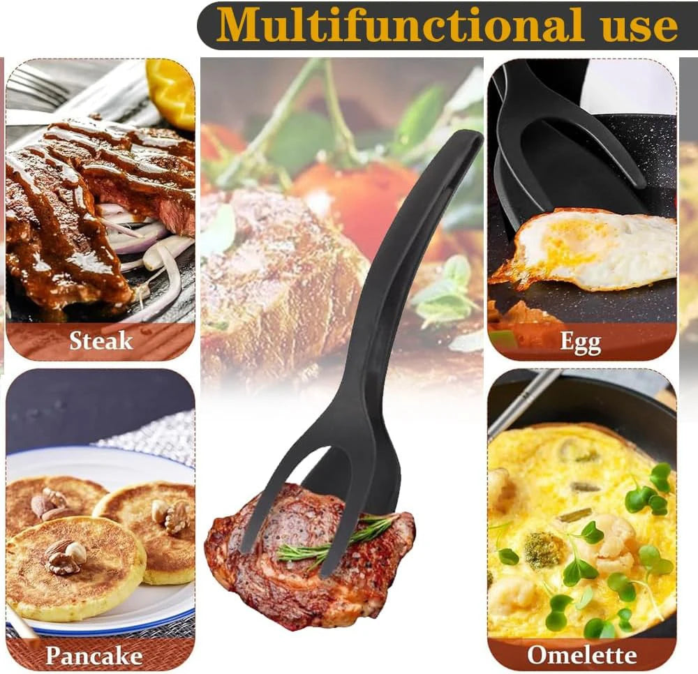 A black silicone spatula and tongs are shown used for cooking steak, egg, pancake, and omelette.