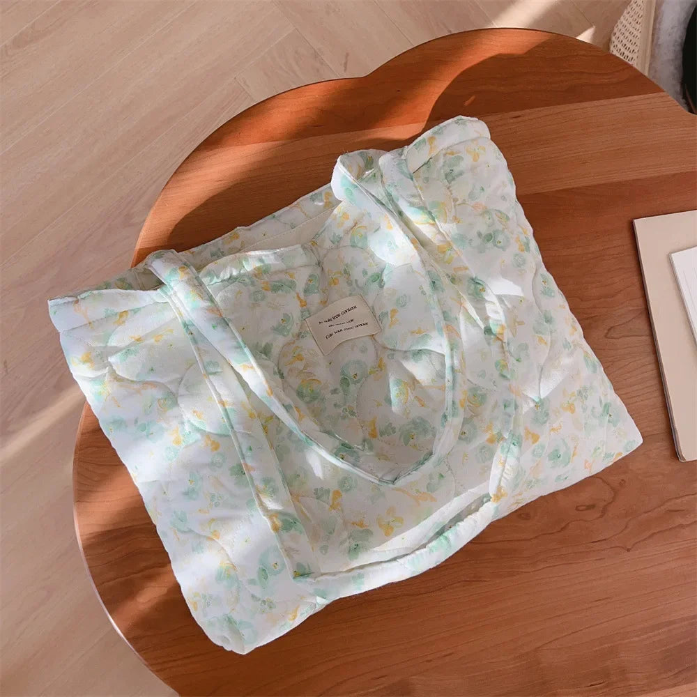 Quilted Floral Cotton Tote Bag with Padded Handle