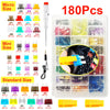 An assortment kit of car blade fuses ranging from 2A to 35A in various colors and sizes, packaged in a clear storage box.