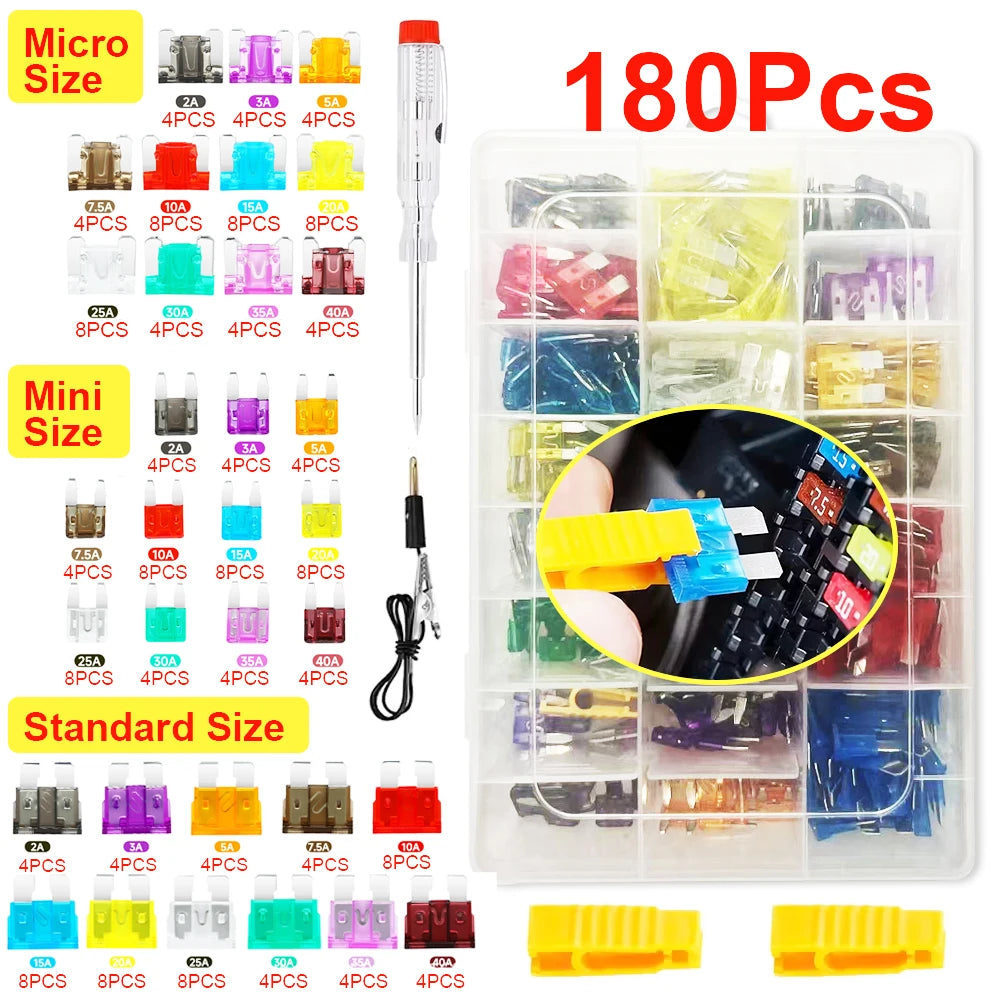 An assortment kit of car blade fuses ranging from 2A to 35A in various colors and sizes, packaged in a clear storage box.