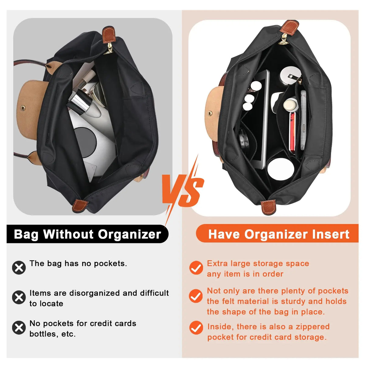 Comparison showing a bag without an organizer versus a bag with a felt purse organizer insert
