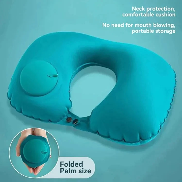 A teal inflatable U-shaped travel neck pillow shown in full view and a folded palm size version.