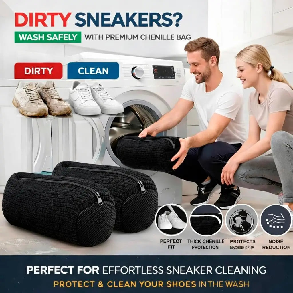 A man and a woman are shown using black reusable shoe washing bags to clean sneakers in a washing machine.