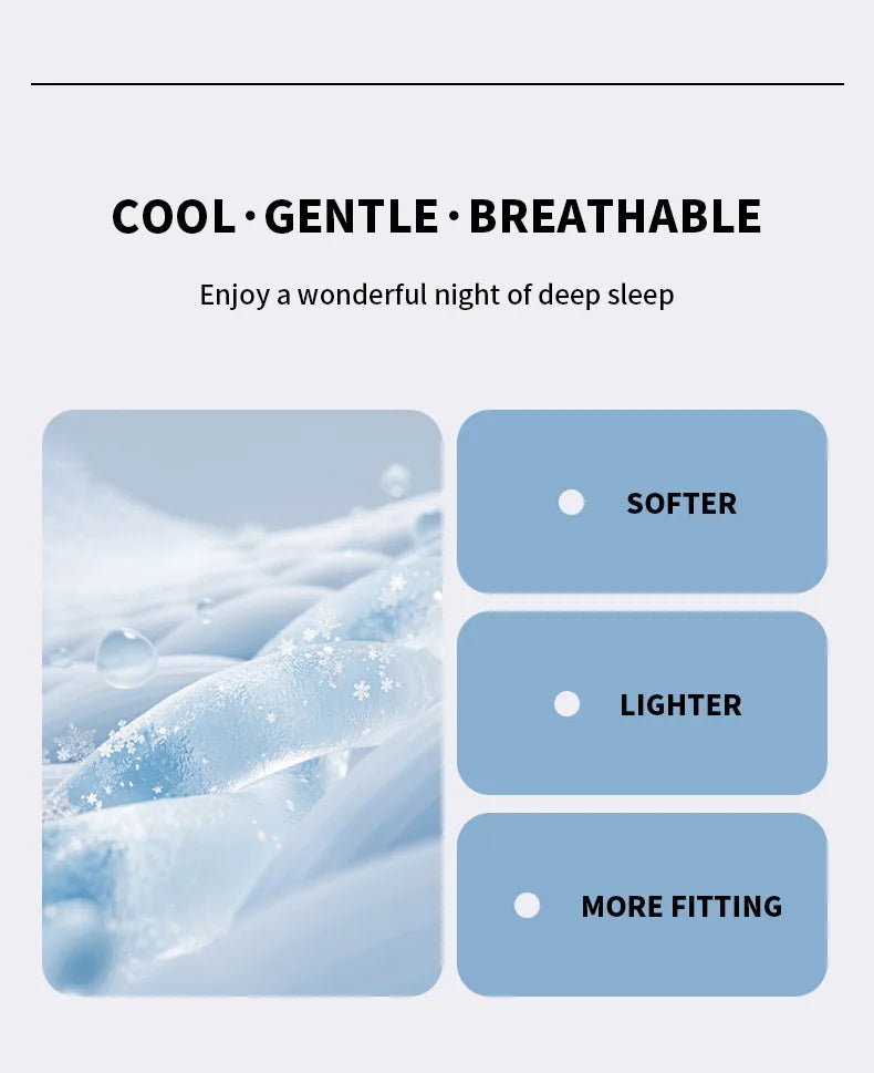 A close-up of a light blue, soft blanket with snowflakes and water droplets, emphasizing its cool, gentle, and breathable qua