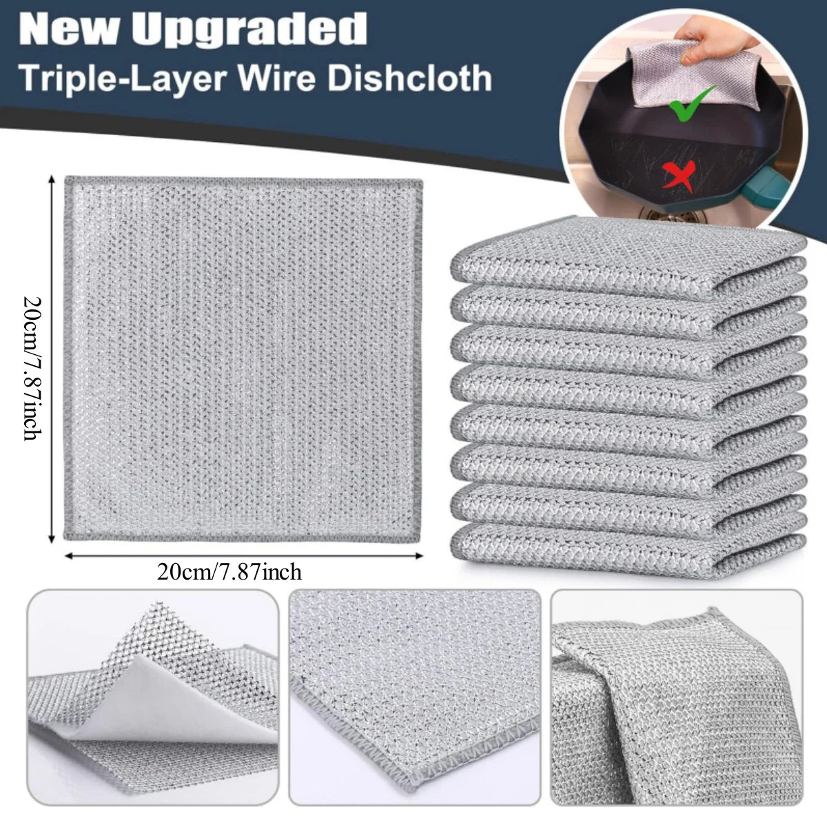 A stack of gray triple-layer wire microfiber dishcloths and individual examples showing the texture and thickness of the scou