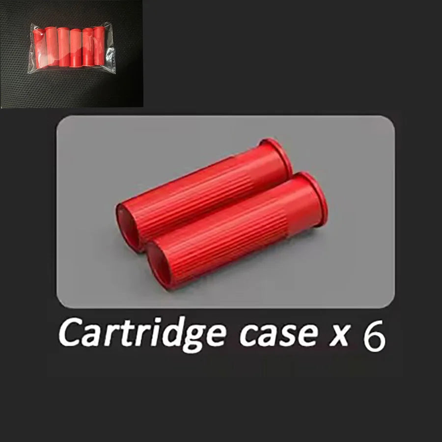 Six red cartridge cases displayed on a gray background.