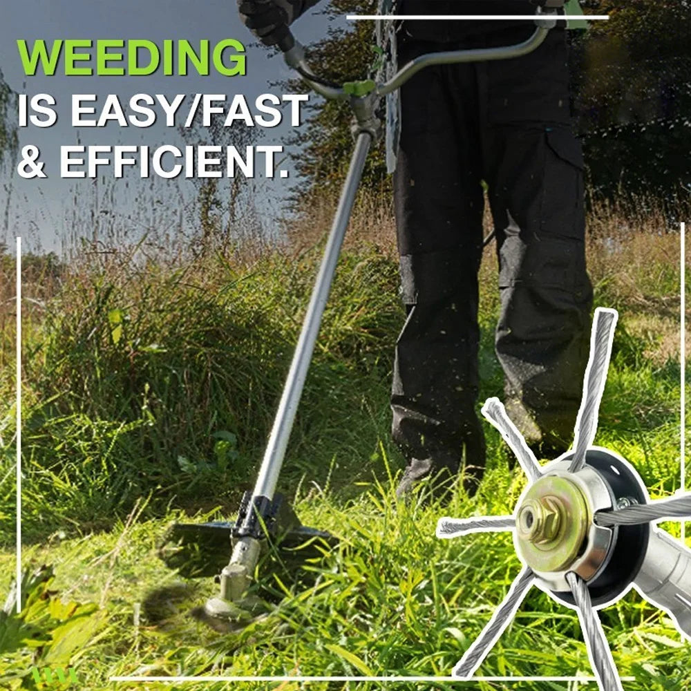 A person is using a long metal pole with a wire brush head to remove weeds from grass and vegetation.