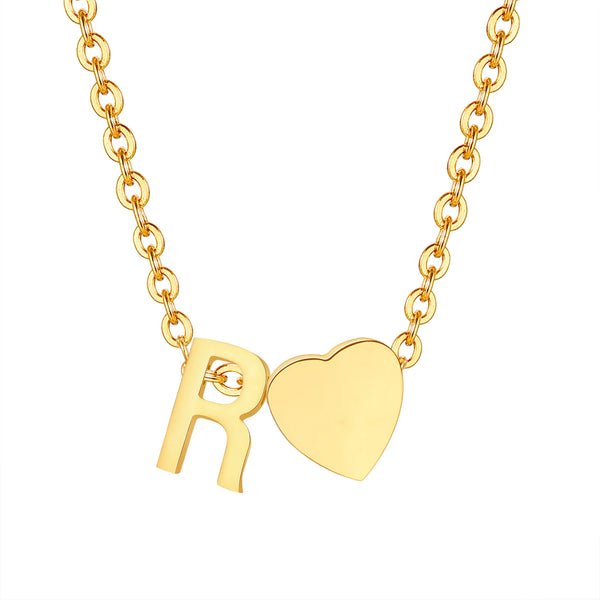 A delicate gold chain necklace featuring a heart-shaped initial R pendant.