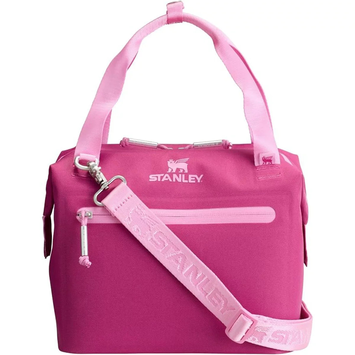 A pink insulated crossbody cooler bag with a strap and zippered pocket.