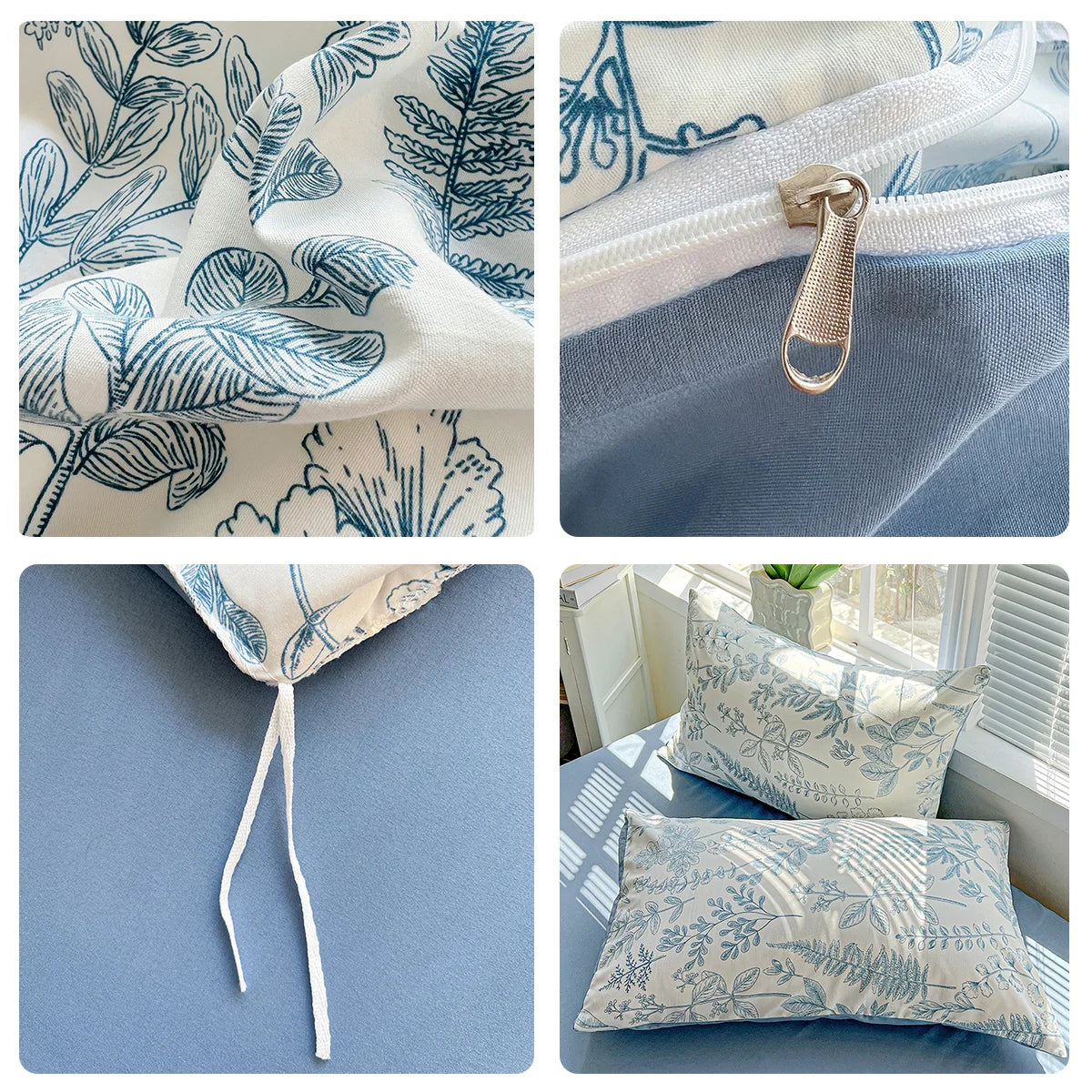A set of floral duvet cover, flat sheet, and pillowcases in blue and white patterns.