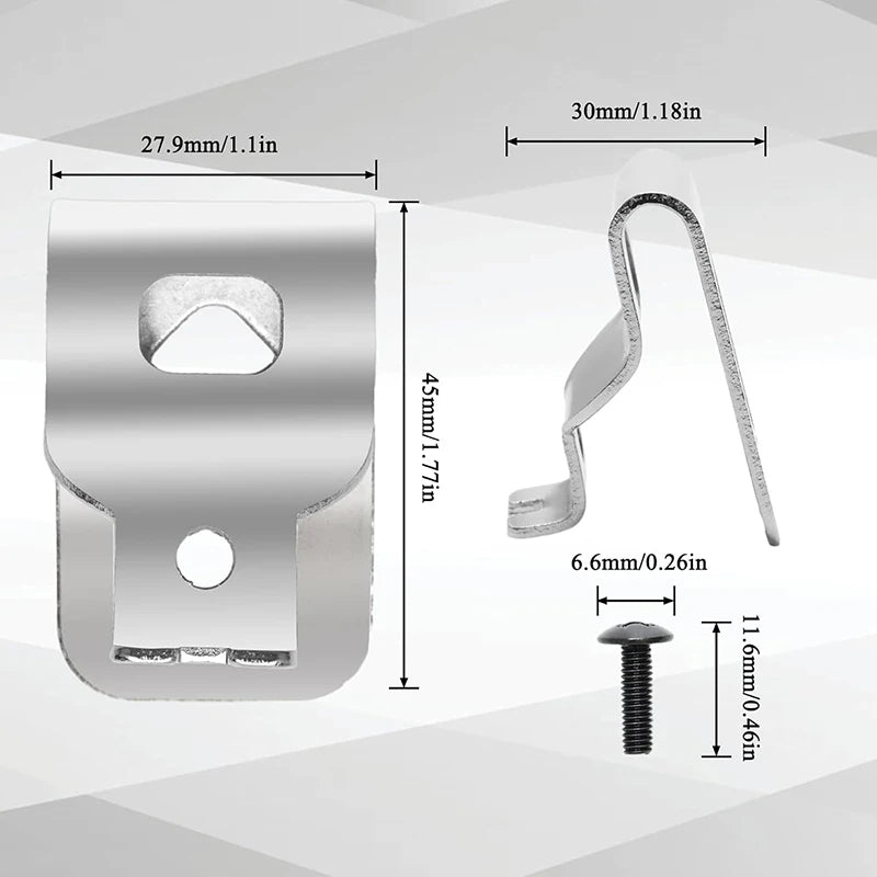 Stainless steel belt clip hook for Dewalt 20V MAX drills shown with dimensions and installation details.