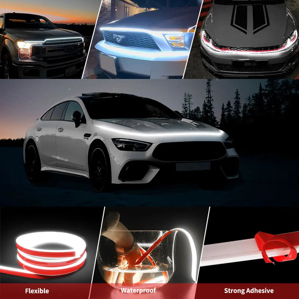 Flexible exterior accent lighting for car hoods and other vehicles