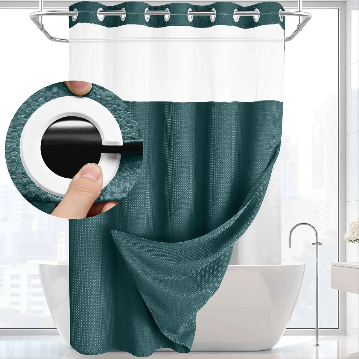 Double-Layer Waffle Shower Curtain with Built-in Snap Liner