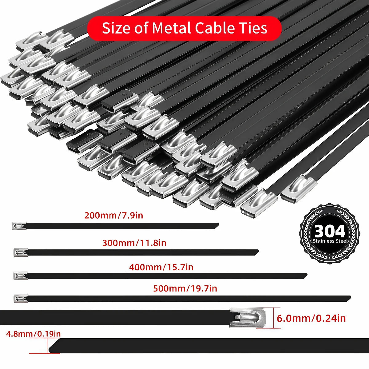 A collection of heavy duty stainless steel self-locking cable ties in various sizes and lengths.