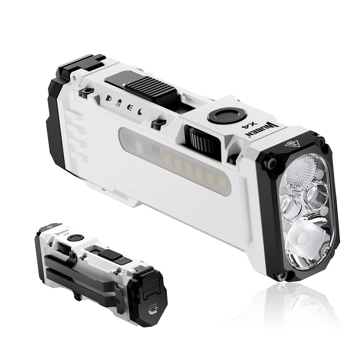 A white Wuben X4 compact flashlight with a black and silver body is shown alongside its detachable battery.