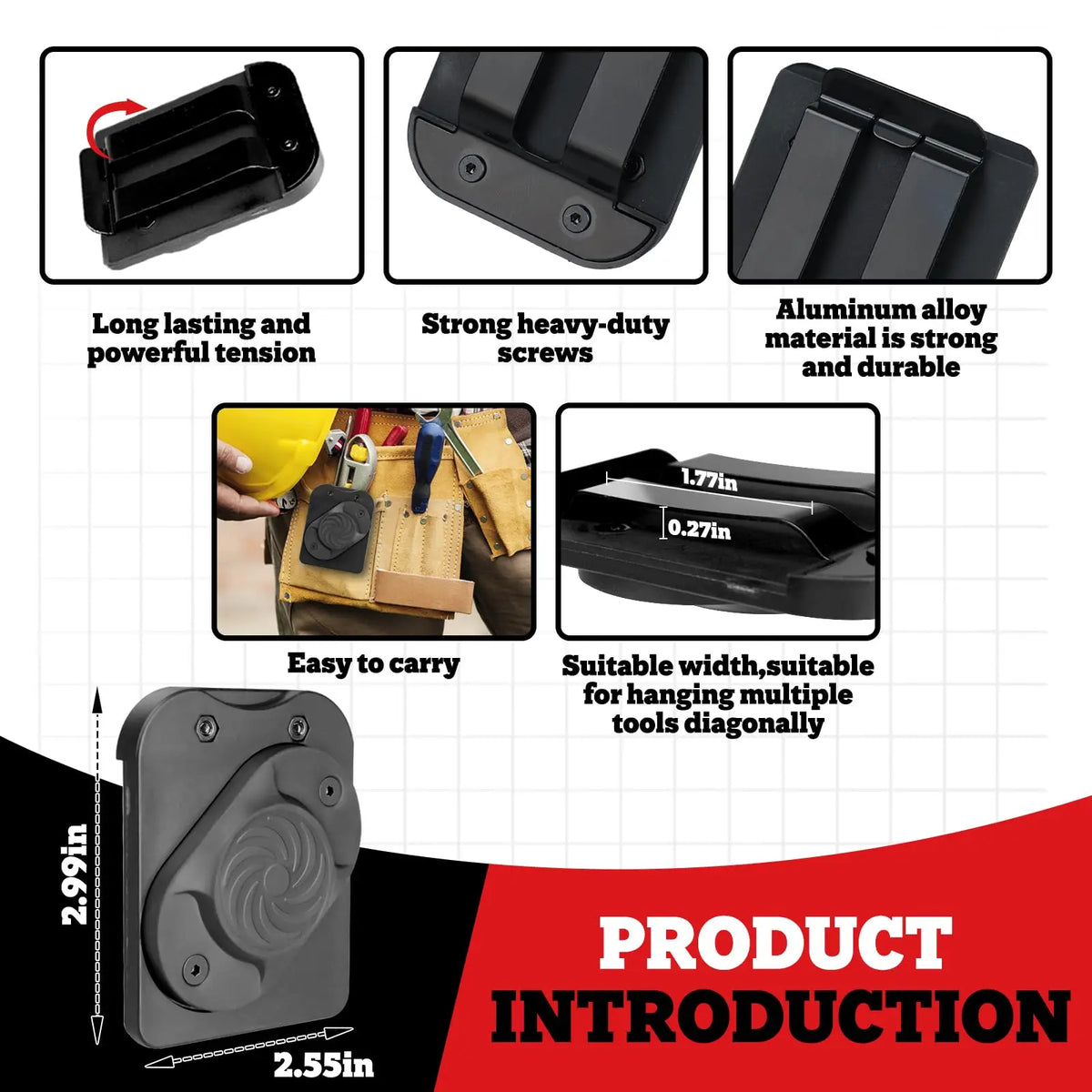 Black magnetic belt tool holder featuring strong screws and durable aluminum alloy material for easy carrying.