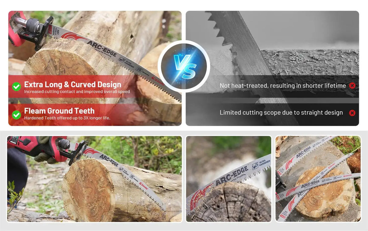 Close-up view of ARC-EDGE reciprocating saw blades being used for wood cutting and pruning.