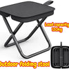 Black outdoor folding stool with a perforated seat and metal frame, rated for a 120kg load capacity.
