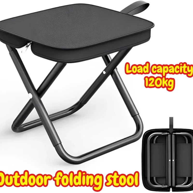 Black outdoor folding stool with a perforated seat and metal frame, rated for a 120kg load capacity.