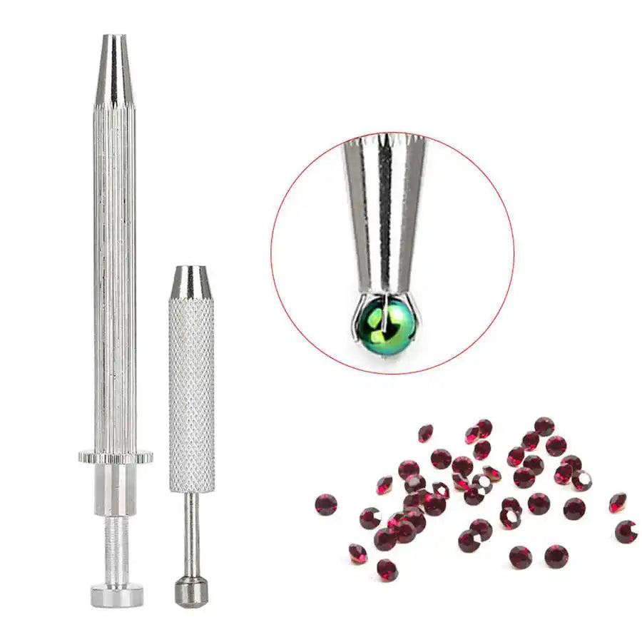 A set of precision 4-claw pick-up tools for jewelry making and crafting, including a long pick and a tapered tool with green 