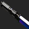 A black lightsaber with an illuminated white blade and blue accents, showing the hilt and tip.