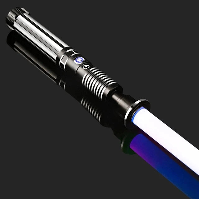 A black lightsaber with an illuminated white blade and blue accents, showing the hilt and tip.