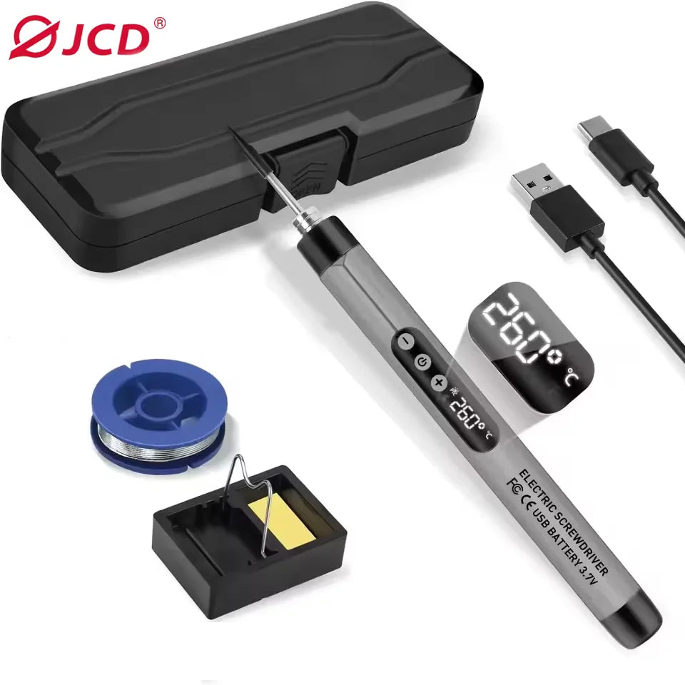 A black cordless USB soldering iron with an adjustable temperature display and screwdriver tip.