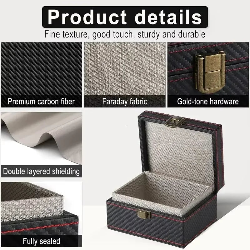A black box made of carbon fiber fabric with gold-tone hardware, showing details of its texture and layered shielding.