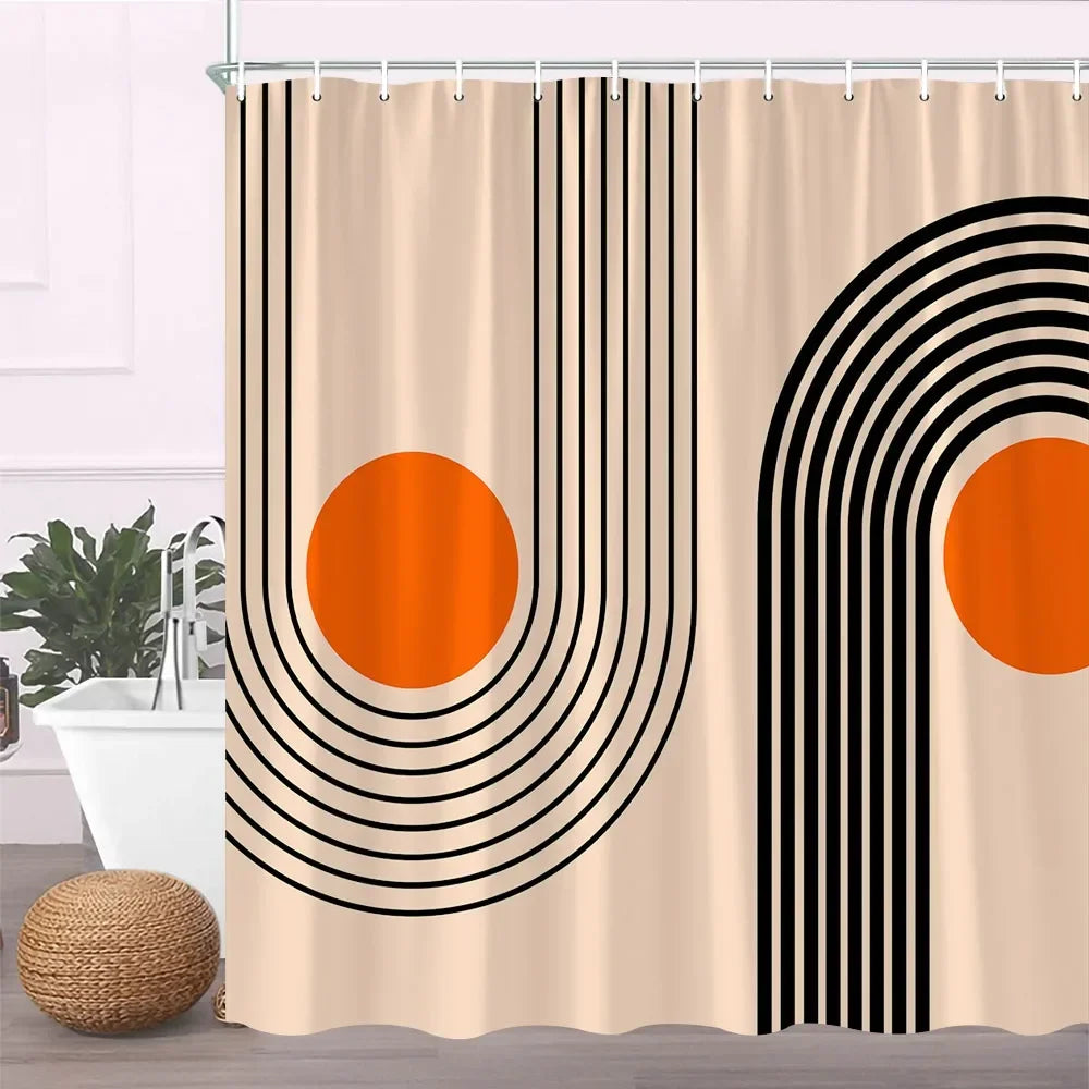 A beige fabric shower curtain featuring a geometric pattern of black vertical lines and circular orange shapes.