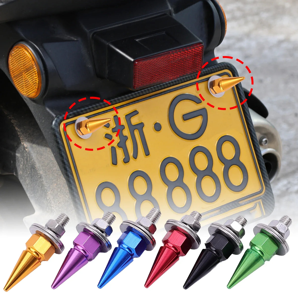 A set of M6 license plate bolts made of aluminum alloy and stainless steel are displayed on a dark surface.