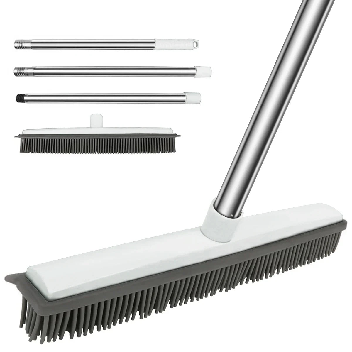 A set of rubber brooms and carpet rakes with an adjustable metal handle and various sized cleaning tools.