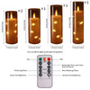 A set of amber glass candles with twinkling LED string lights and a remote control for operation.
