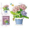 A set of flower pot building blocks featuring pink and purple flowers, including roses, sunflowers, and carnations.