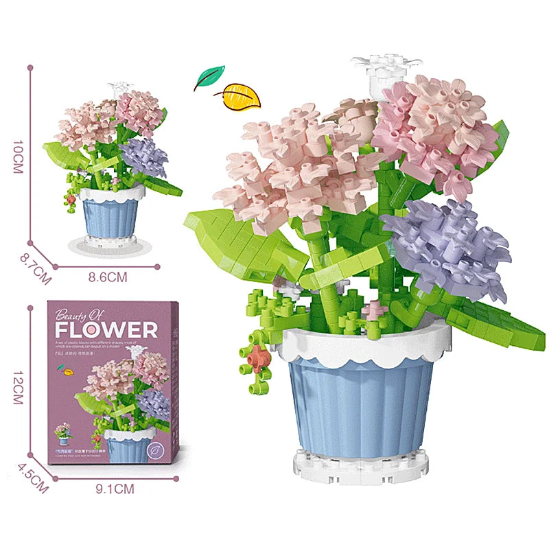 A set of flower pot building blocks featuring pink and purple flowers, including roses, sunflowers, and carnations.
