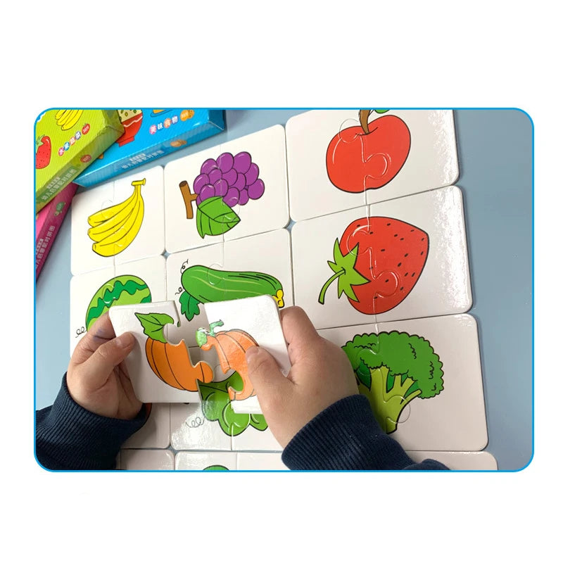 A child's hands are assembling a puzzle featuring various colorful fruits and vegetables like apples, strawberries, corn, and