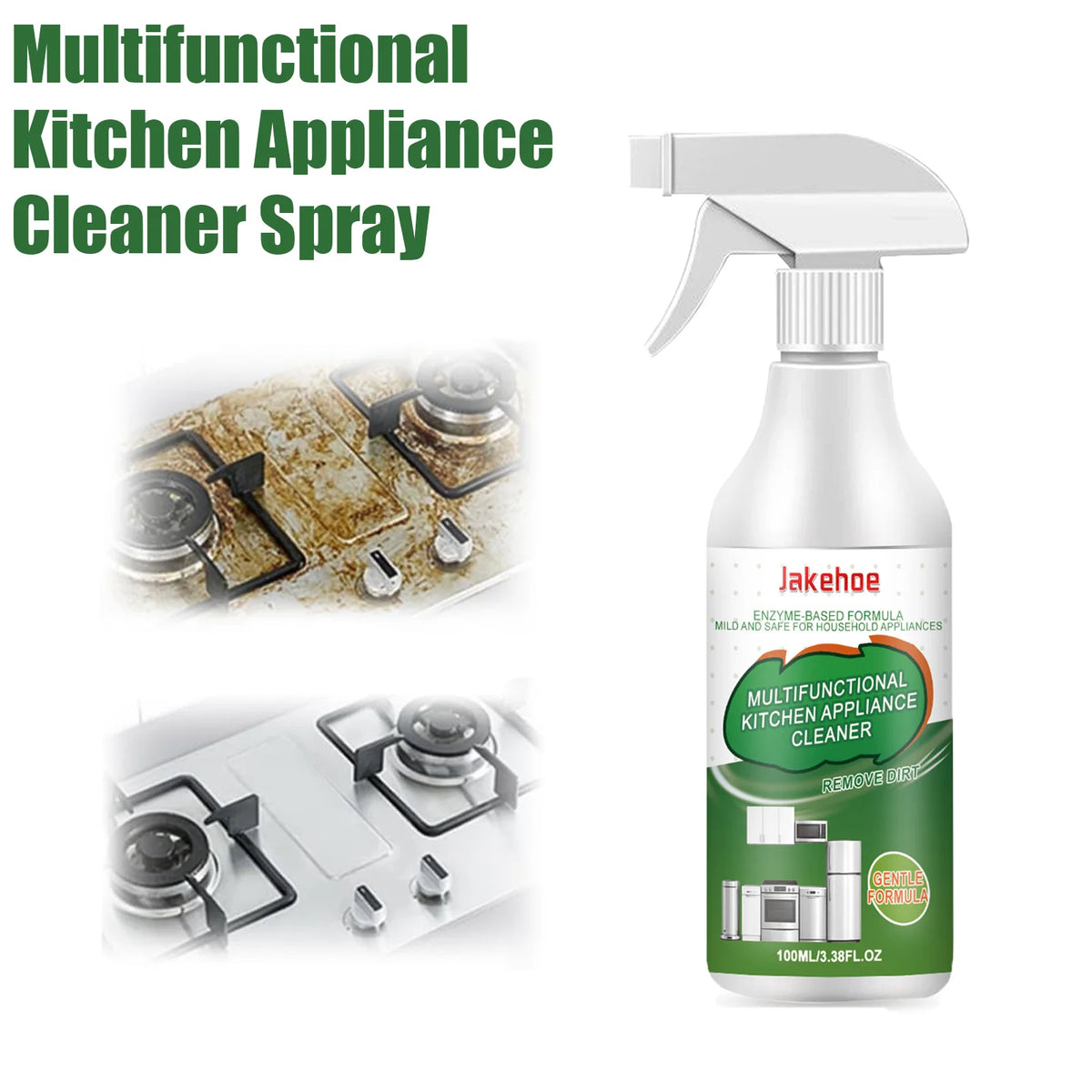 Bouteille pulvérisatrice blanche pour nettoyant multifonction de cuisine avec embout articulé et étiquette verte.