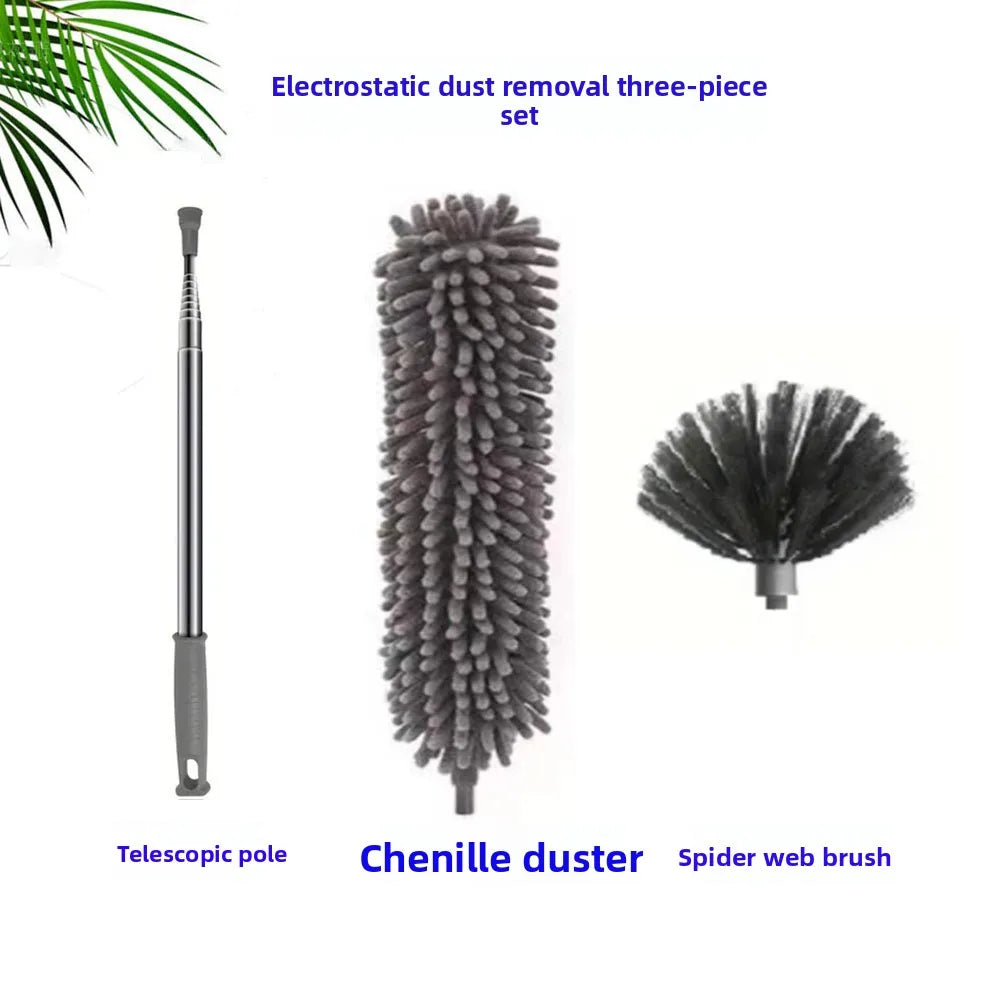 Three-piece electrostatic dust removal set including a telescopic pole, chenille duster, and spider web brush