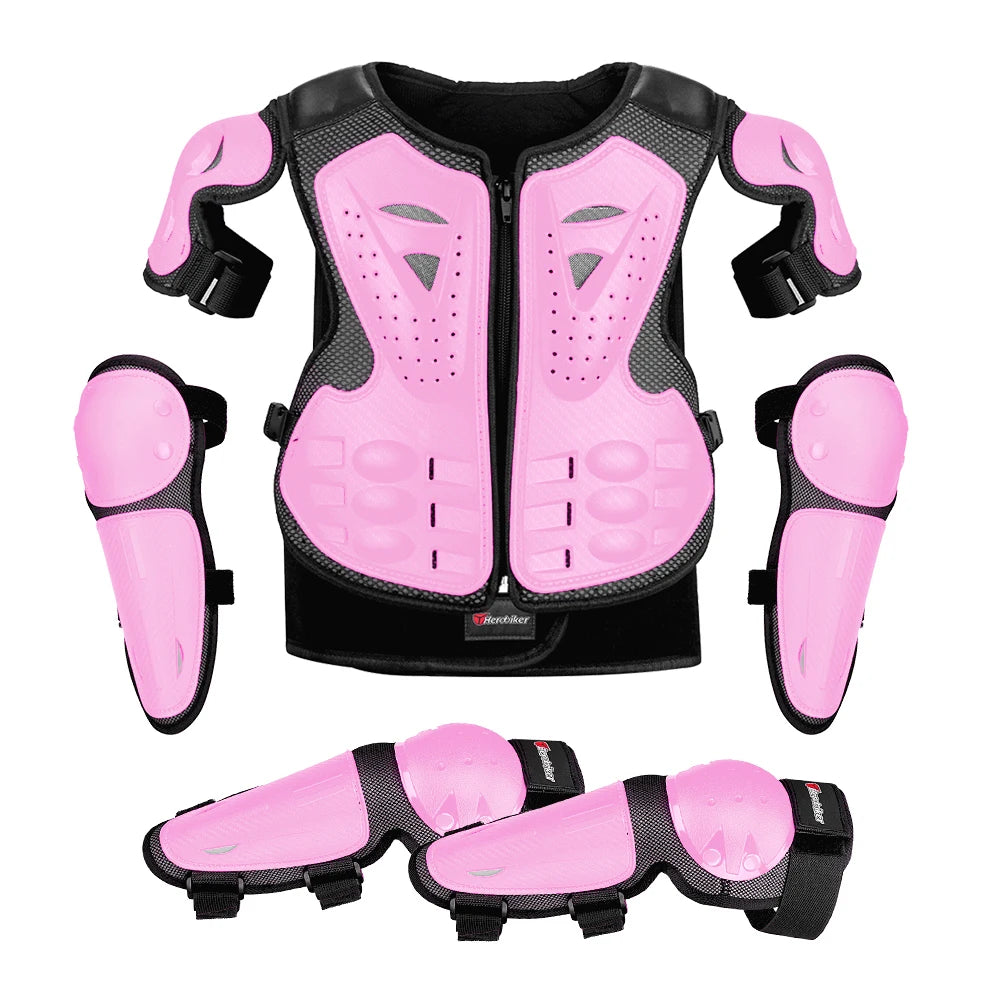 Pink kids motocross body armor set including a chest protector, elbow pads, and knee pads