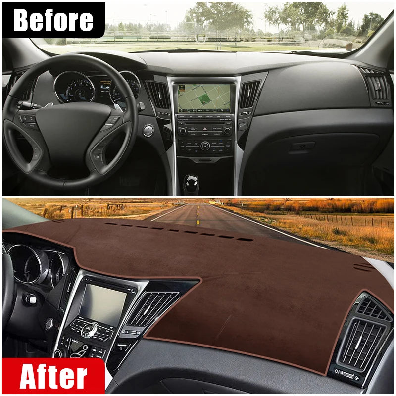 Before and after comparison of a custom fit dashboard sun shield for a Hyundai Sonata YF i45 car interior.