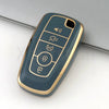 A dark blue TPU car key fob cover case with gold accents showing various buttons.
