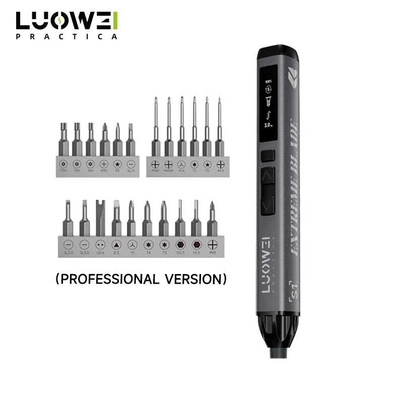 A black precision electric screwdriver with an LED light and digital display, labeled as the professional version.