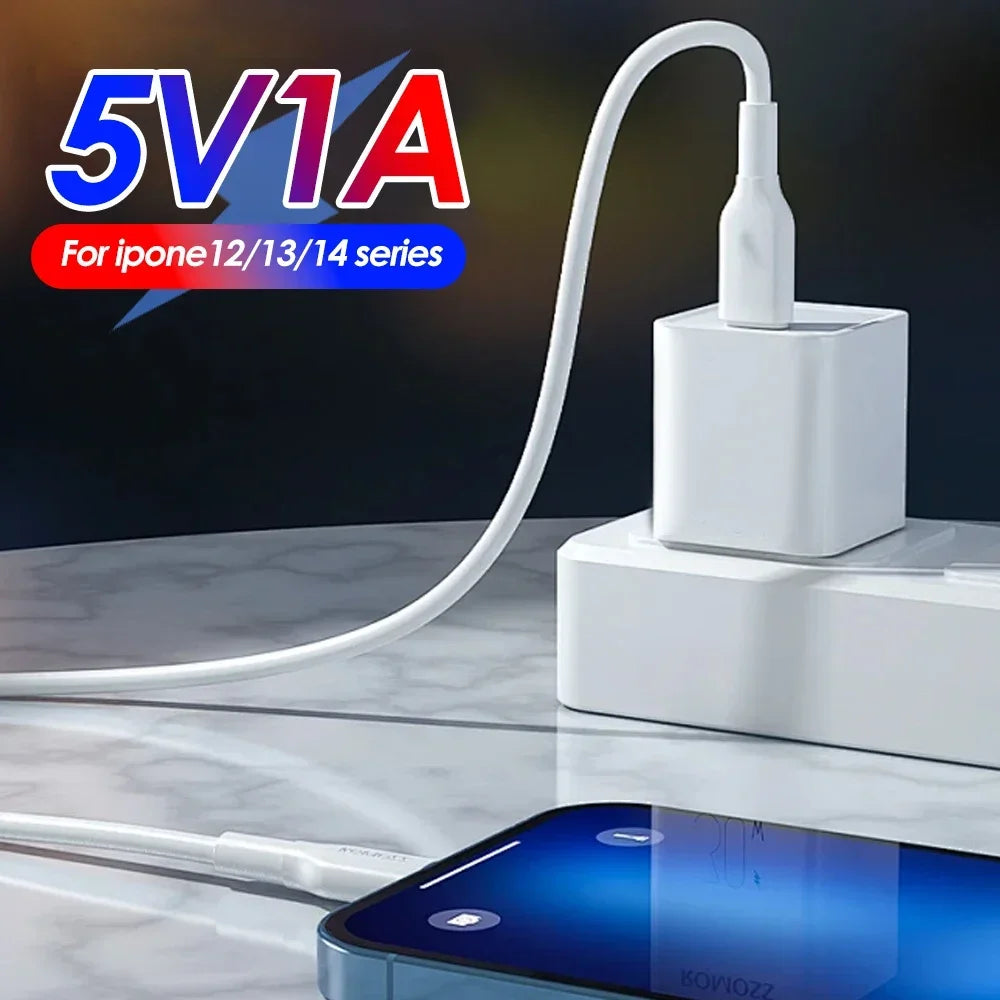 A white 5V1A wall charger cable and adapter for iPhone 12/13/14 series devices