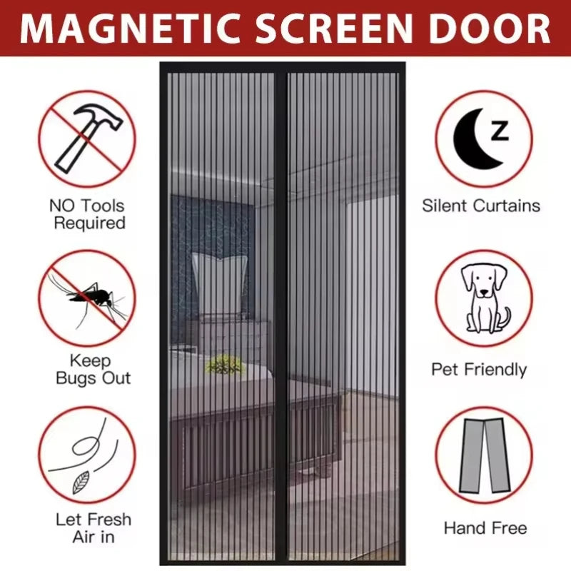 A close-up view of a black magnetic screen door with vertical mesh, highlighting features like bug protection and silent oper