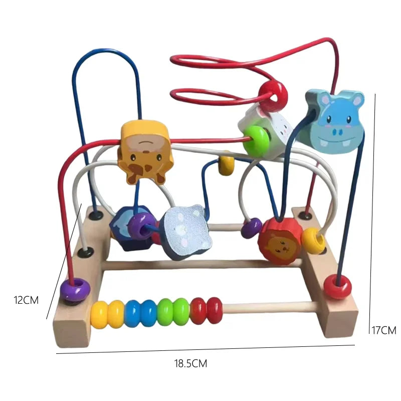 A wooden bead maze roller coaster toy featuring colorful beads and a counter mechanism.